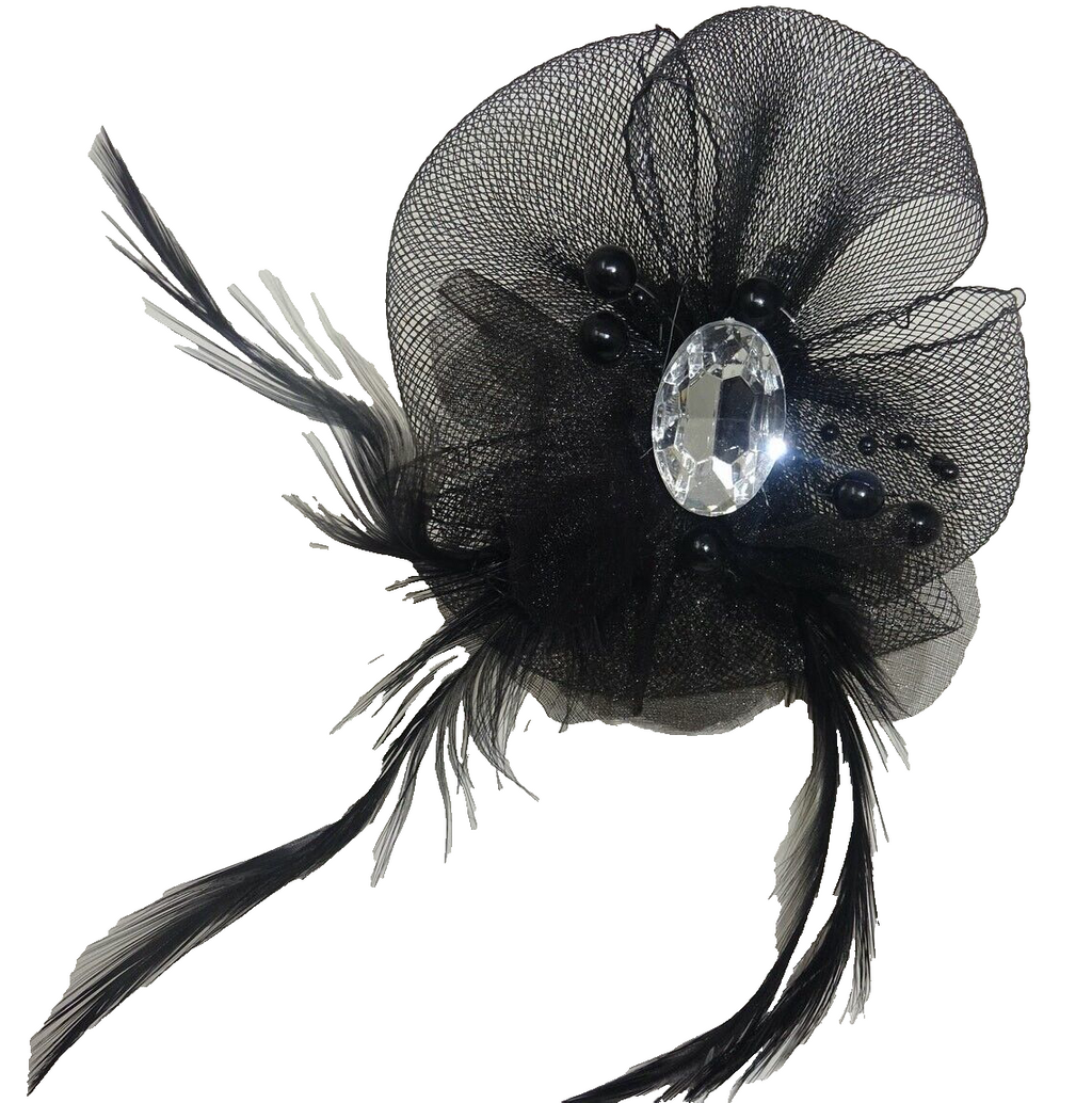 Hair Fascinator Corsage and Brooch Black Feathers & Net Petals Centre Diamonte