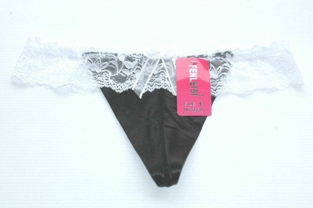 White Lace & Black Satin Soft Beautiful Sexy Ladies Panties Thong One Size 8-12