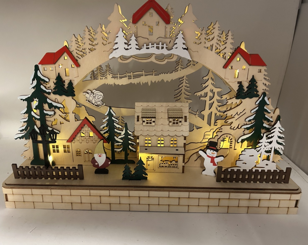 Wooden Alpine Christmas Village  LED Light Up Decoration 41cm Cut-out Design