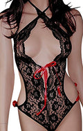 Ladies Sexy Lingerie Black Lace Red Ribbon Teddy Babydoll Body Free Size 8-12