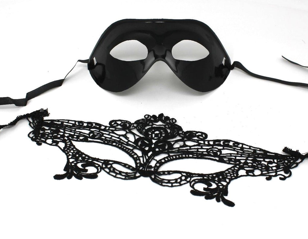 BUDGET HIS N HERS PAIR COUPLES BLACK & LACE VENETIAN MASQUERADE PARTY EYE MASKS