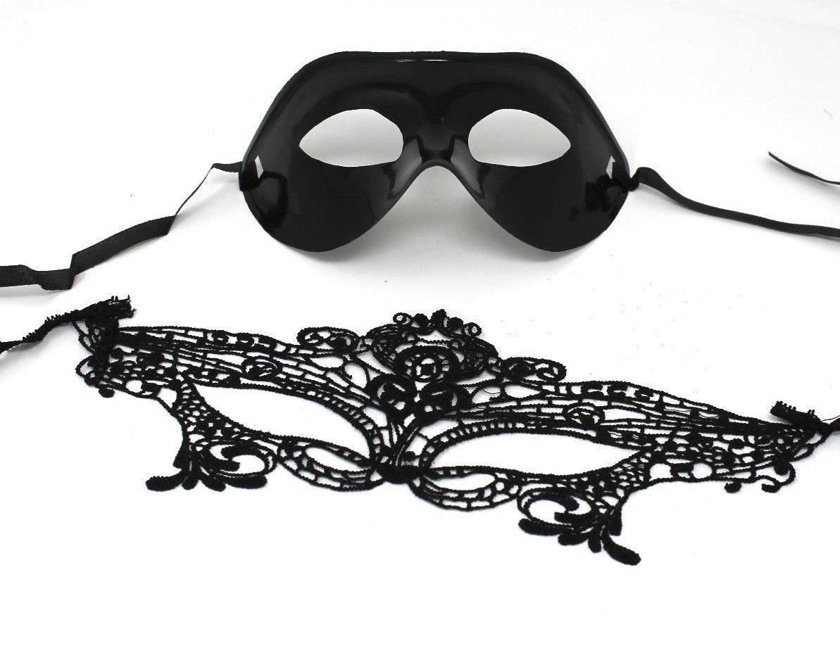 BUDGET HIS N HERS PAIR COUPLES BLACK & LACE VENETIAN MASQUERADE PARTY EYE MASKS