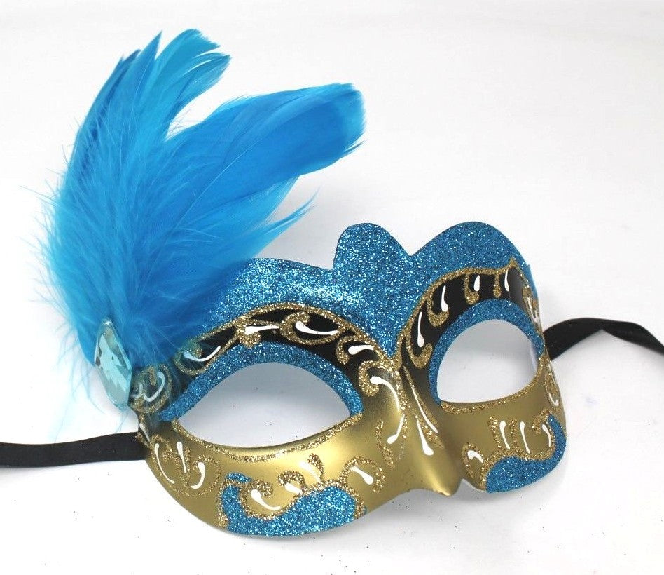 TURQUOISE BLUE & GOLD FEATHER  VENETIAN MASQUERADE BALL CARNIVAL PARTY EYE MASK