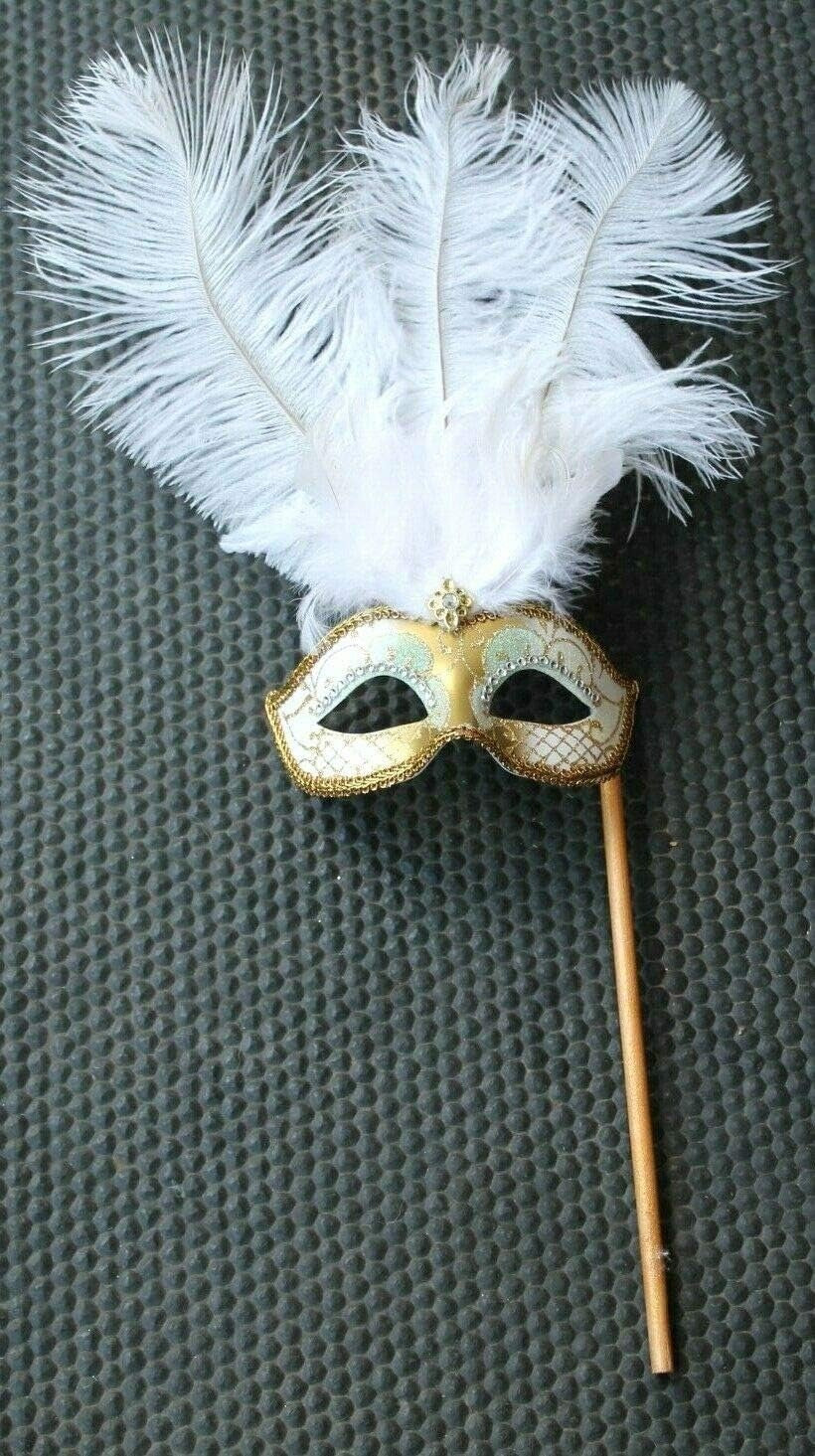 WHITE & GOLD VENETIAN MASQUERADE PARTY CARNIVAL BALL EYE FEATHER MASK HAND HELD