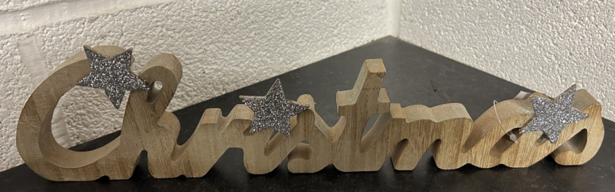 'Christmas' Wooden Table Top Decoration 3 Silver Stars 38cm Long Plaque Sign