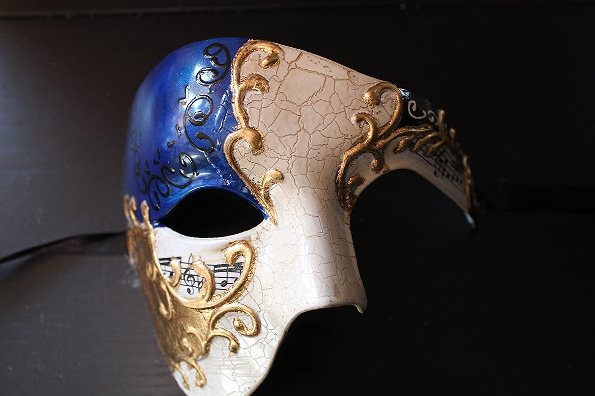 QUALITY BLUE & GOLD HALF FACE PHANTOM MUSICAL NOTES MASQUERADE MASK