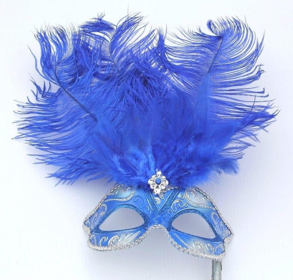 BLUE SILVER VENETIAN MASQUERADE BALL CARNIVAL PARTY FEATHER MASK HAND HELD STICK