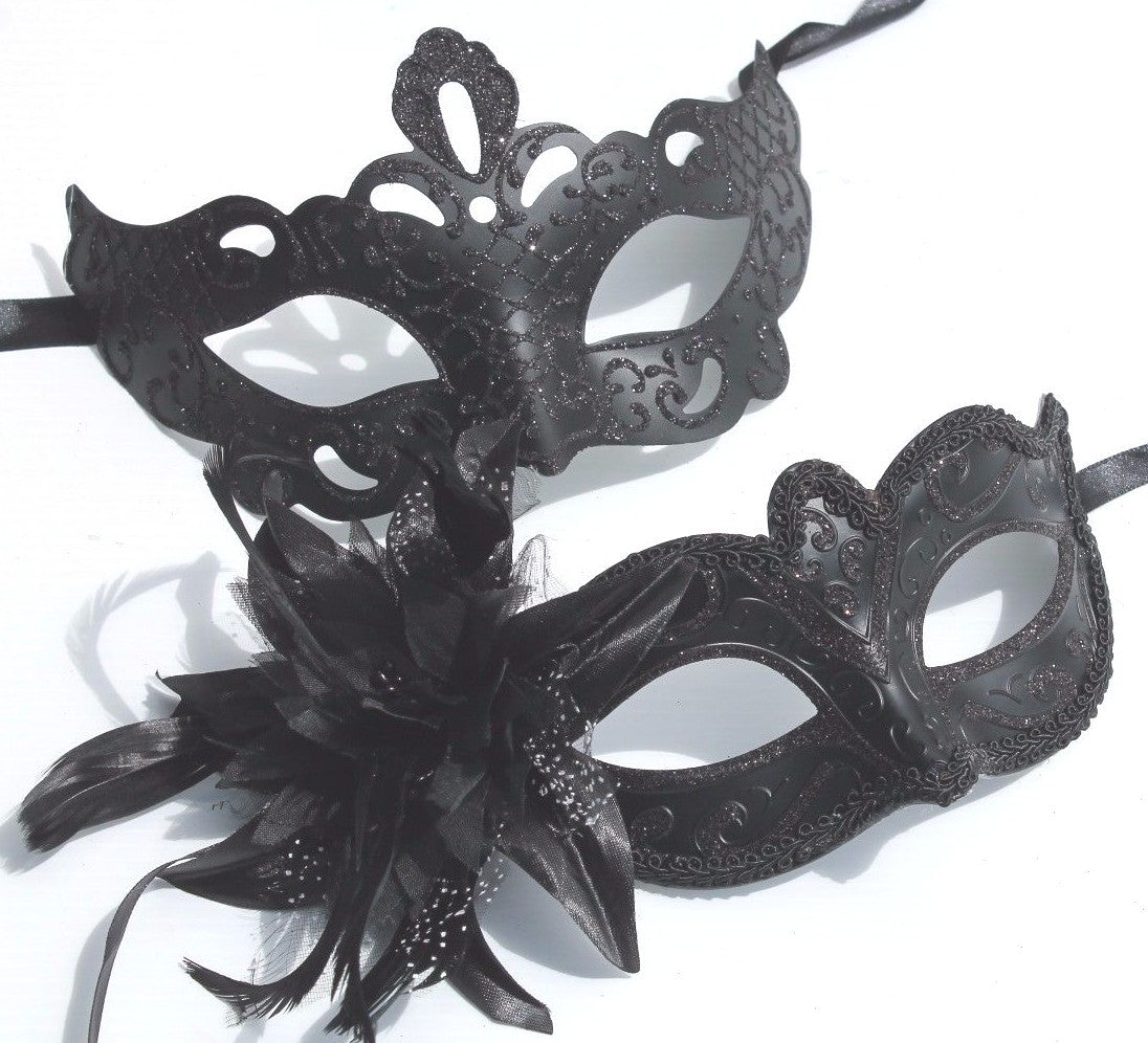 HIS N HERS PAIR COUPLES CO-ORDINATED BLACK VENETIAN MASQUERADE PARTY EYE MASKS