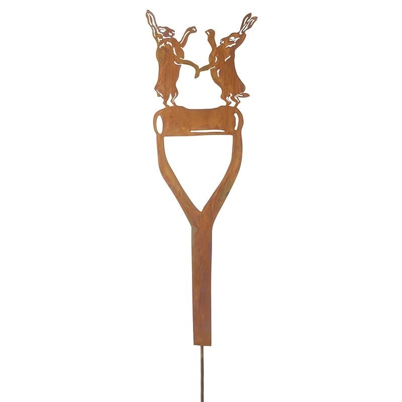 Core-Ten Rusty Metal Hares on a Spade Stake Garden Ornament 64cm Tall 15cm Wide