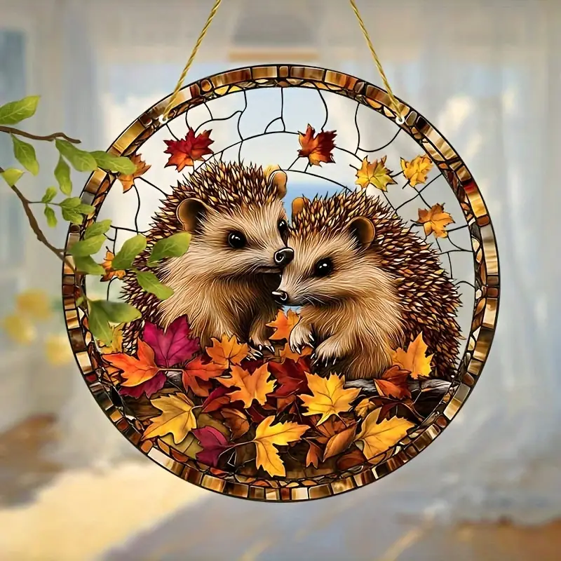 Acrylic Hanging Garden Suncatcher Baby Hedgehogs 20cm Tall on a Yellow Cord