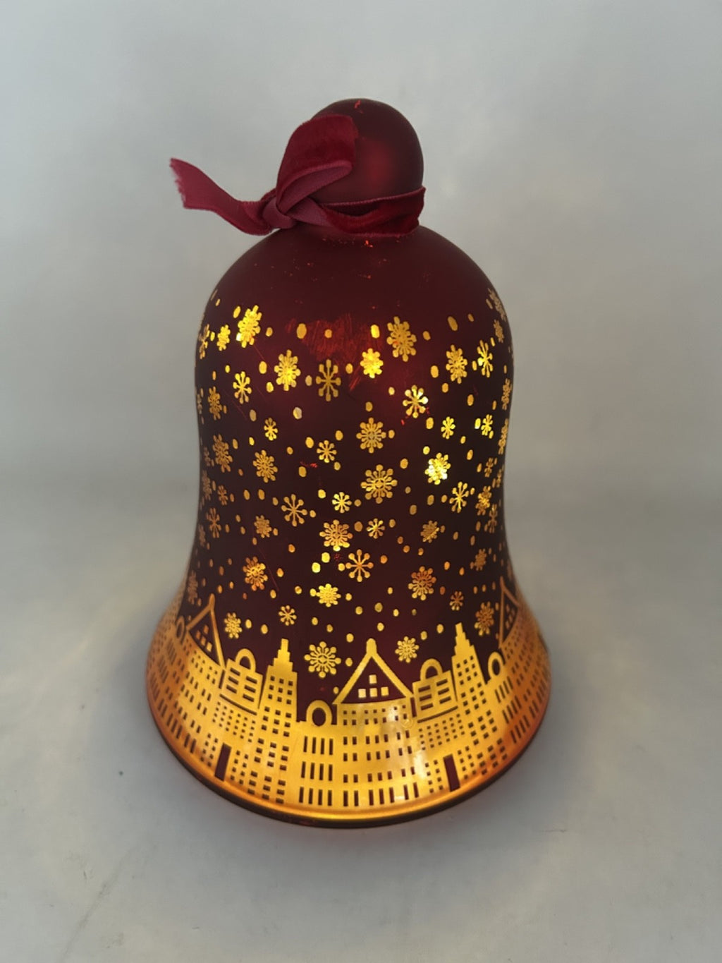 LED Light Up Christmas City Buildings & Snowflake Bell Ruby Red Glass 18cm Tall