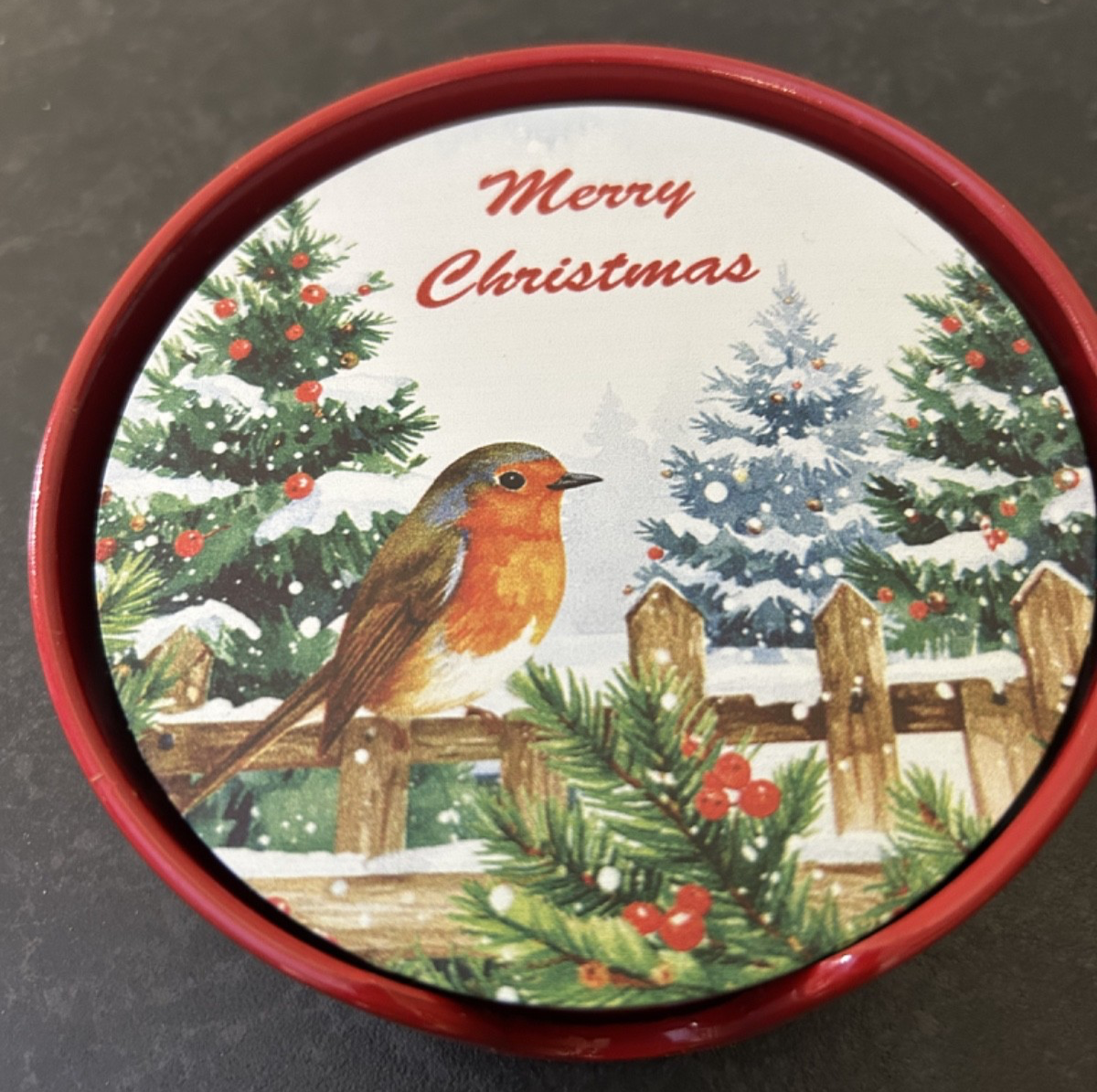 Merry Christmas Festive Set of 6 Robin Melamine Coasters in Red Holder 11cm  Dia