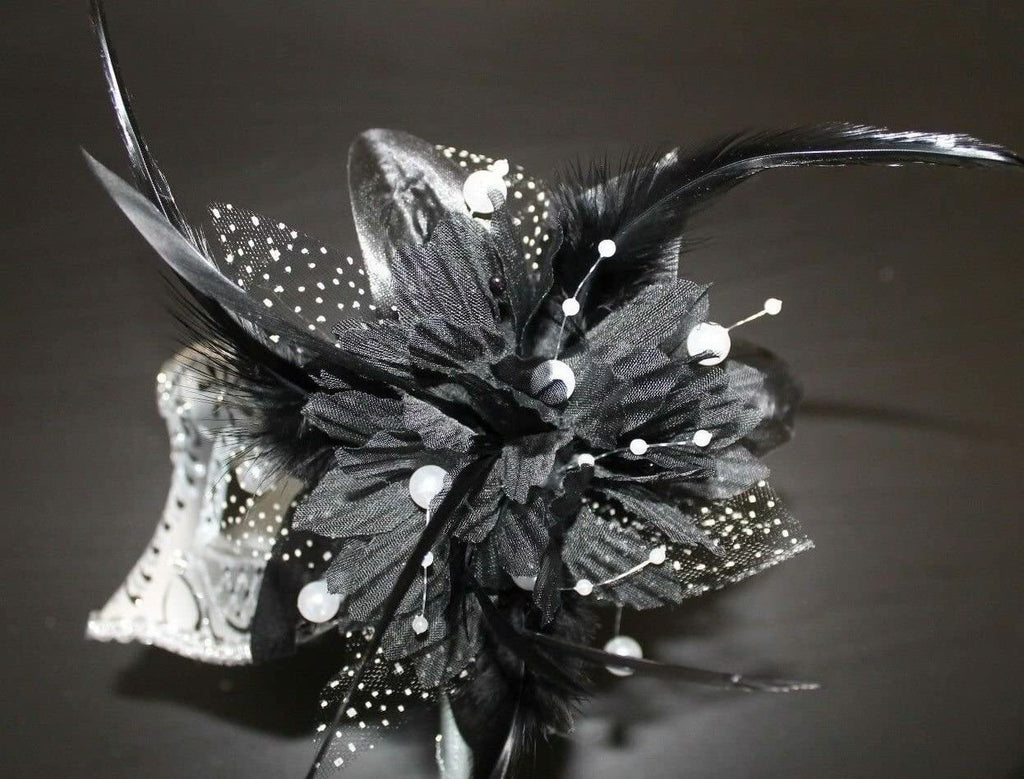 BLACK & SILVER WITH FLOWER & STICK VENETIAN CARNIVAL BALL MASQUERADE PARTY MASK