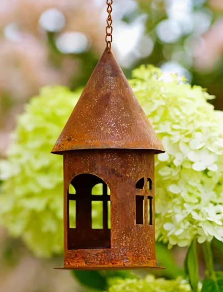 Hanging Metal Rusty Candle Tea Light Holder Garden Ornament 14cm Deep exc Chain