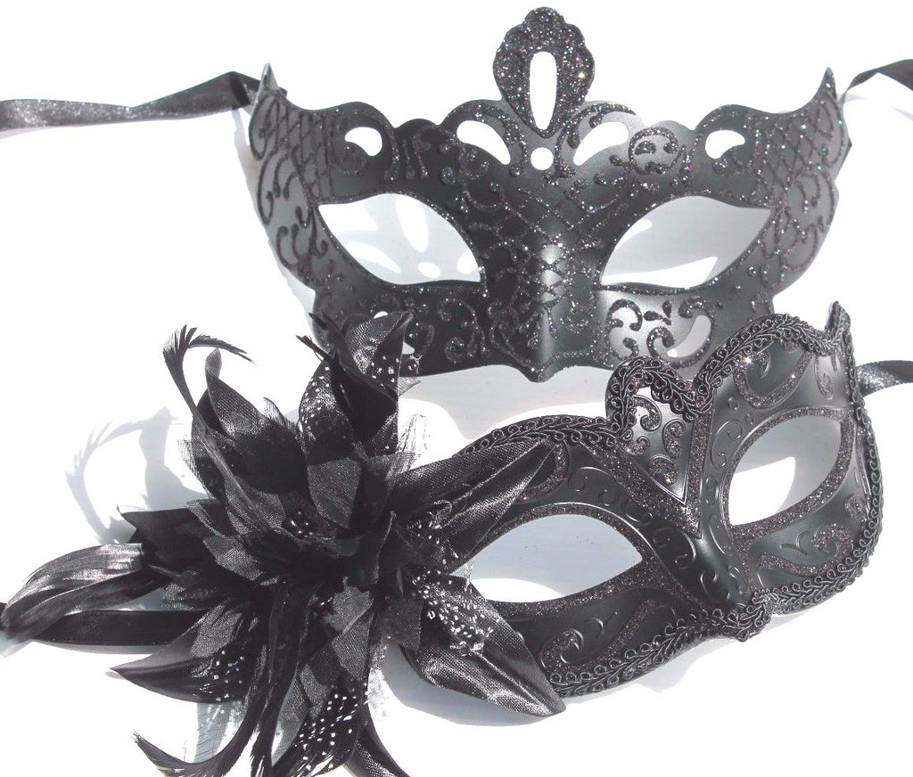 HIS N HERS PAIR COUPLES CO-ORDINATED BLACK VENETIAN MASQUERADE PARTY EYE MASKS