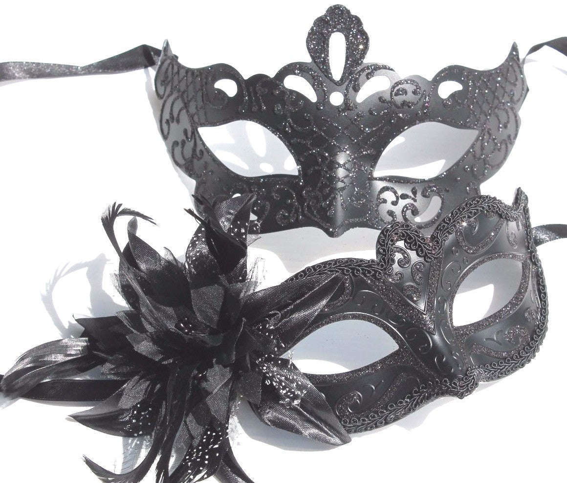 HIS N HERS PAIR COUPLES CO-ORDINATED BLACK VENETIAN MASQUERADE PARTY EYE MASKS