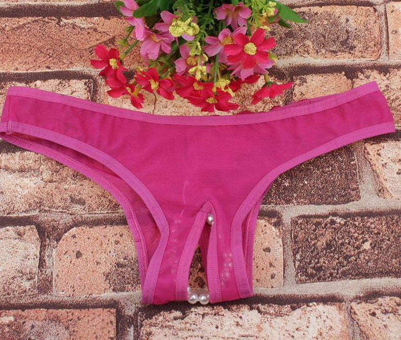 Choice 6 Colour Ladies Panties Briefs Thong Crotchless Sheer Fabric Pearls 8-12