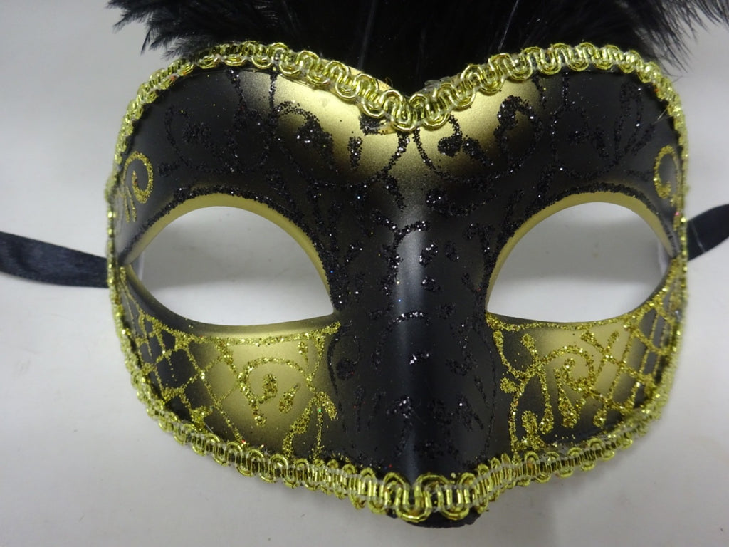 Black & Gold Long Feather Venetian Masquerade Carnival Party Ball Prom Eye Mask