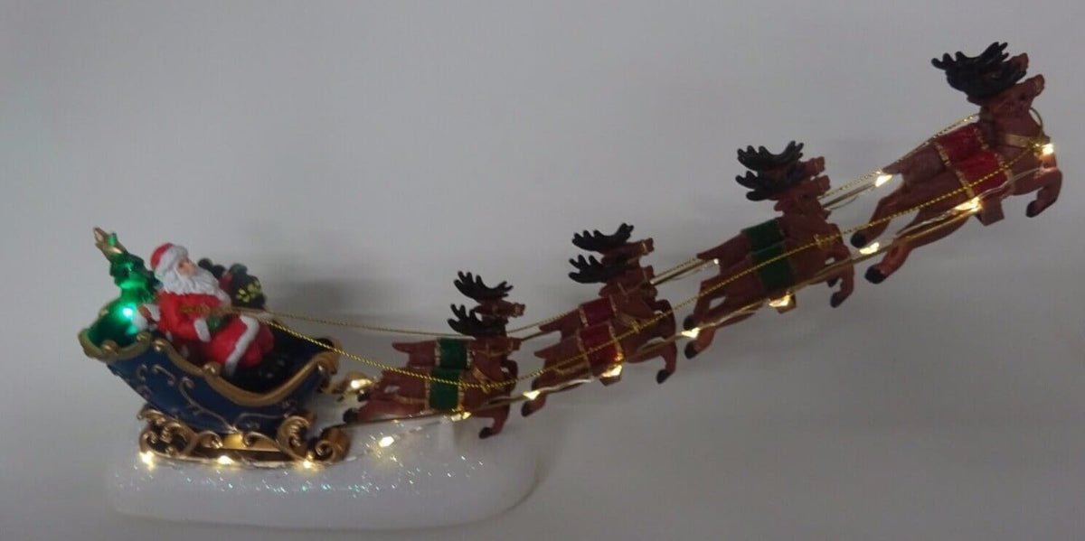Flashing LED Light Up Santa & Sleigh with 8 Reindeer Figurine Ornament 34cm Long