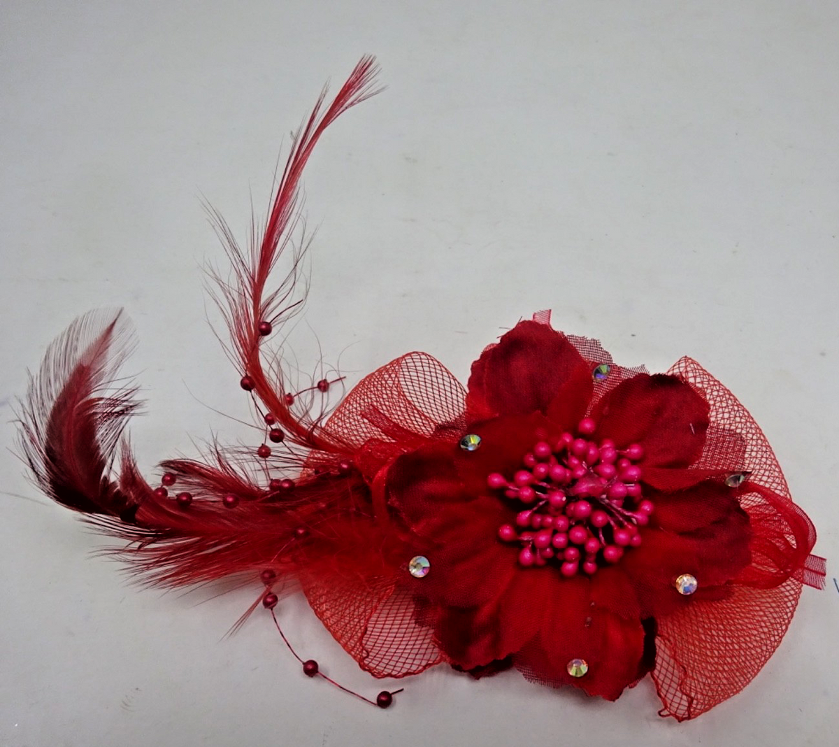 Red Corsage Brooch Fascinator Stiffened Net Fabric Petals Beads Slim Feathers