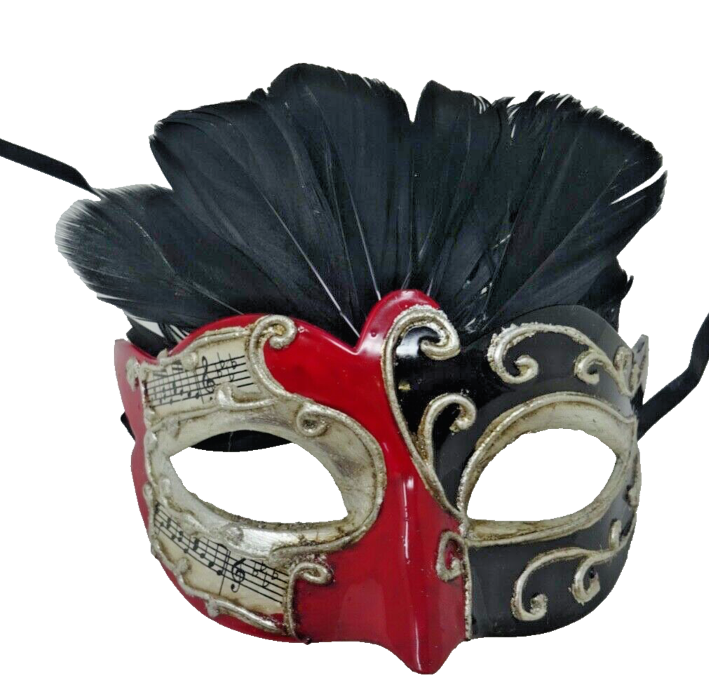 RED BLACK & SILVER MUSICAL NOTES VENETIAN MASQUERADE CARNIVAL BALL FEATHER MASK