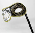 SPARKLING BLACK WHITE GOLD VENETIAN MASQUERADE PARTY PROM MASK  HAND HELD STICK