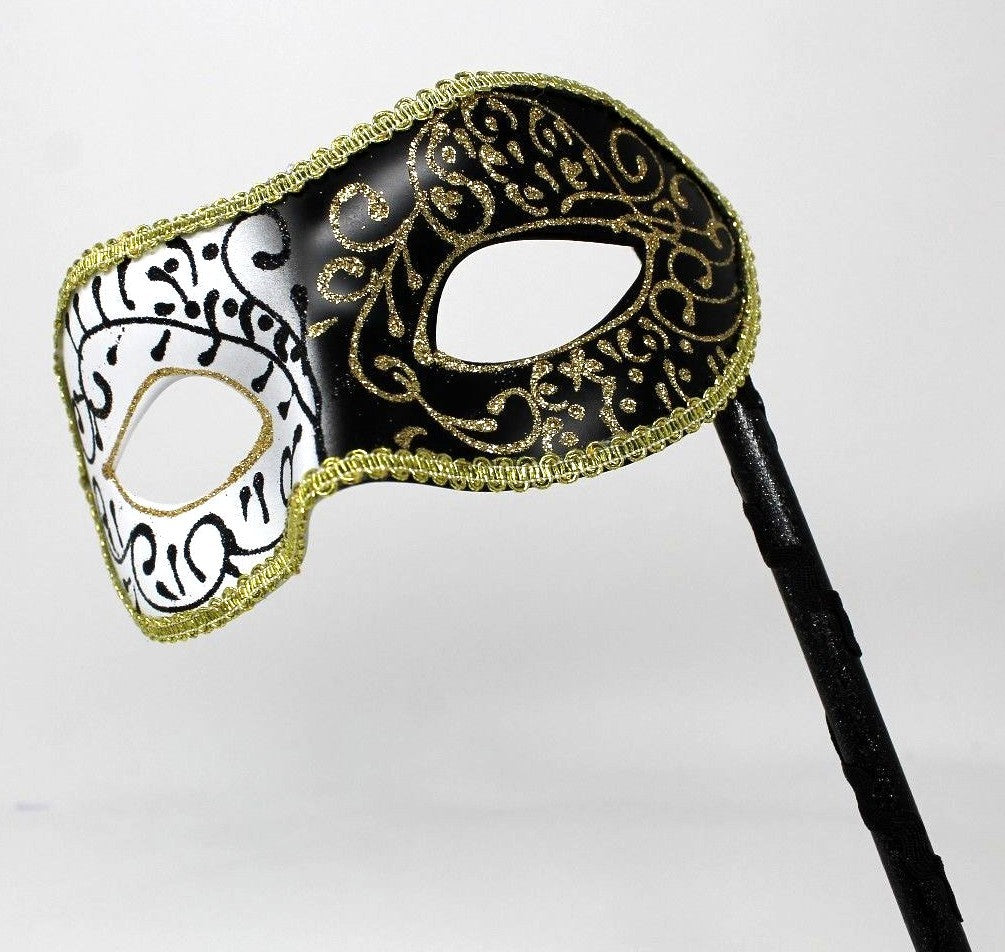 SPARKLING BLACK WHITE GOLD VENETIAN MASQUERADE PARTY PROM MASK  HAND HELD STICK