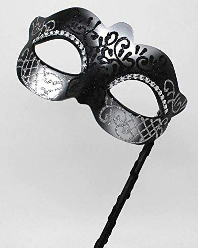 BLACK & SILVER VENETIAN MASQUERADE PARTY CARNIVAL BALL EYE MASK ON A STICK
