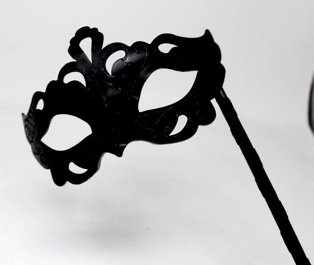 STUNNING BLACK Venetian Masquerade Ball Face Mask on A HAND HELD  STICK  MASK