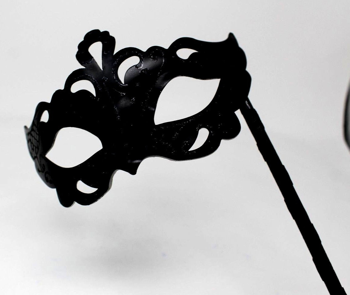 STUNNING BLACK Venetian Masquerade Ball Face Mask on A HAND HELD  STICK  MASK