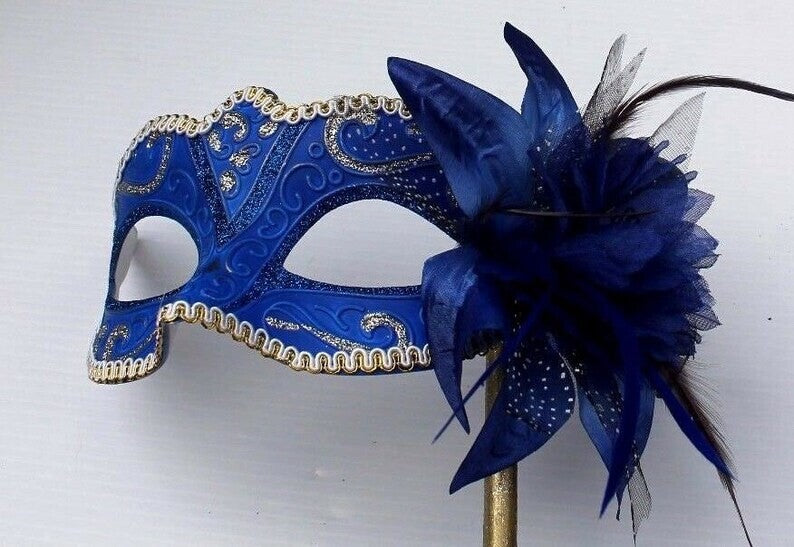 STUNNING BLUE & GOLD VENETIAN MASQUERADE PARTY EYE MASK ON A HAND HELD STICK
