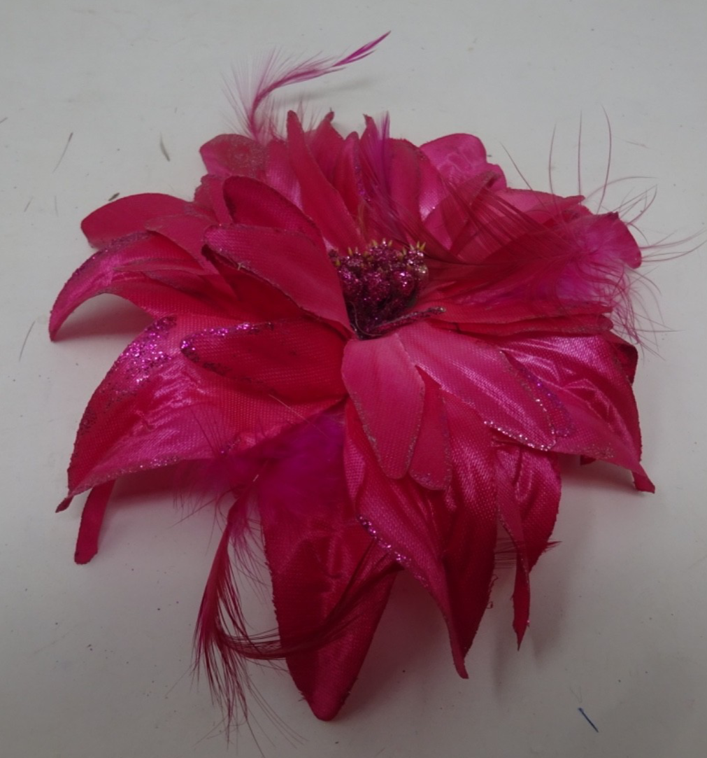 Hot Pink Corsage Brooch Fascinator Fabric Petals with Fine Feathers & Stamens