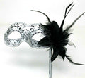GLITTERING JEWELS BLACK & SILVER VENETIAN MASQUERADE PARTY MASK ON A HAND STICK