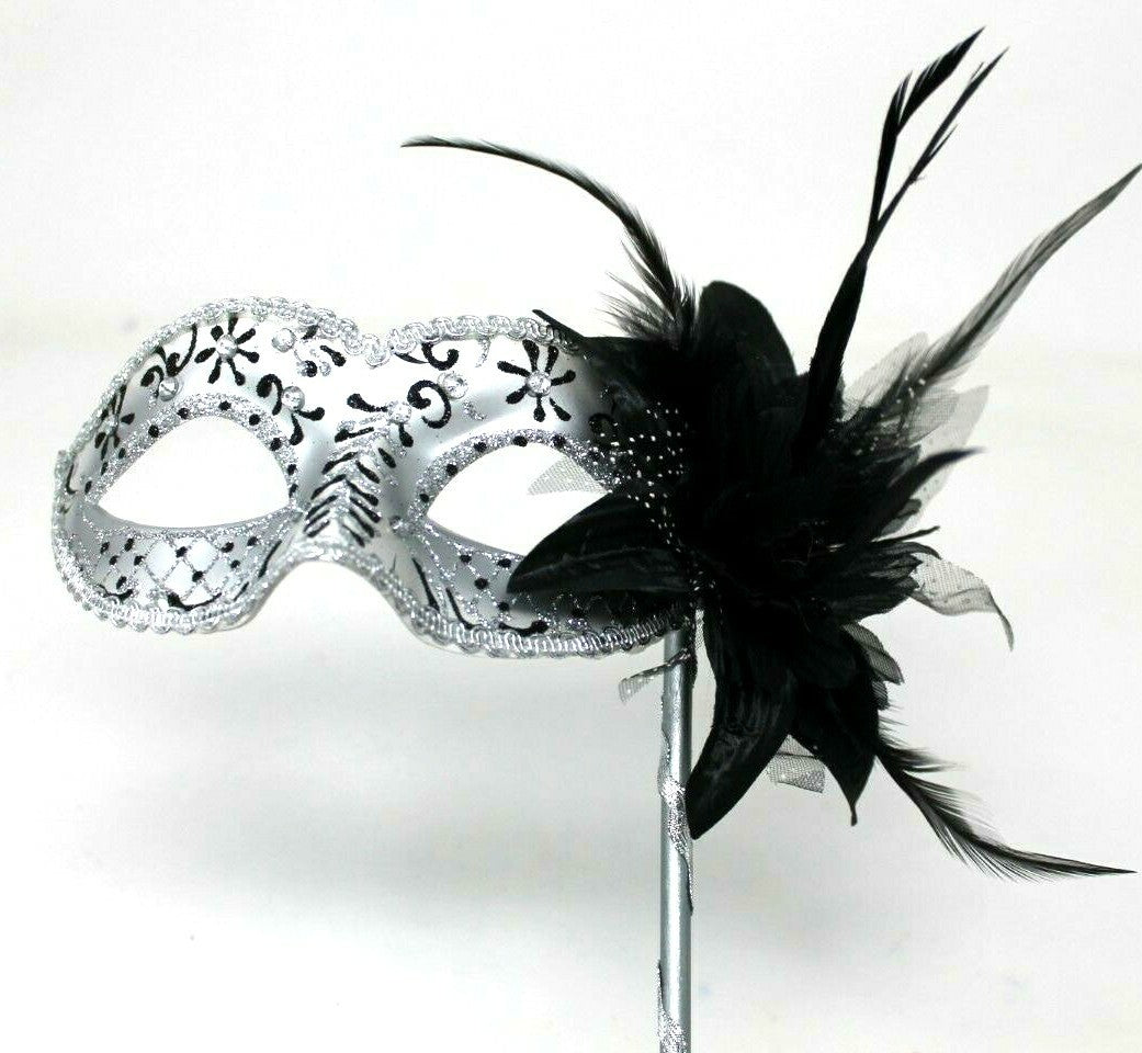 GLITTERING JEWELS BLACK & SILVER VENETIAN MASQUERADE PARTY MASK ON A HAND STICK