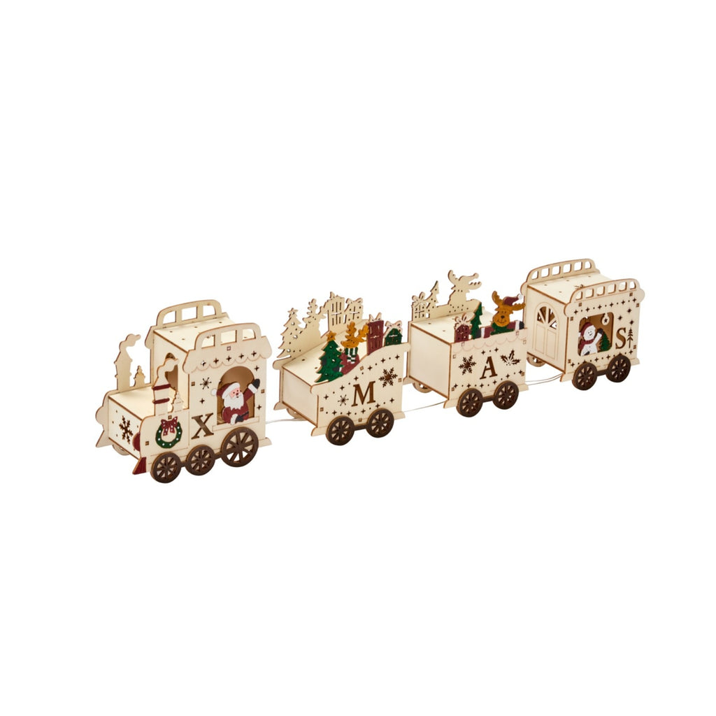 Wooden Santa Claus Express Train Locomotive LED Light Up Decoration 40cm Long