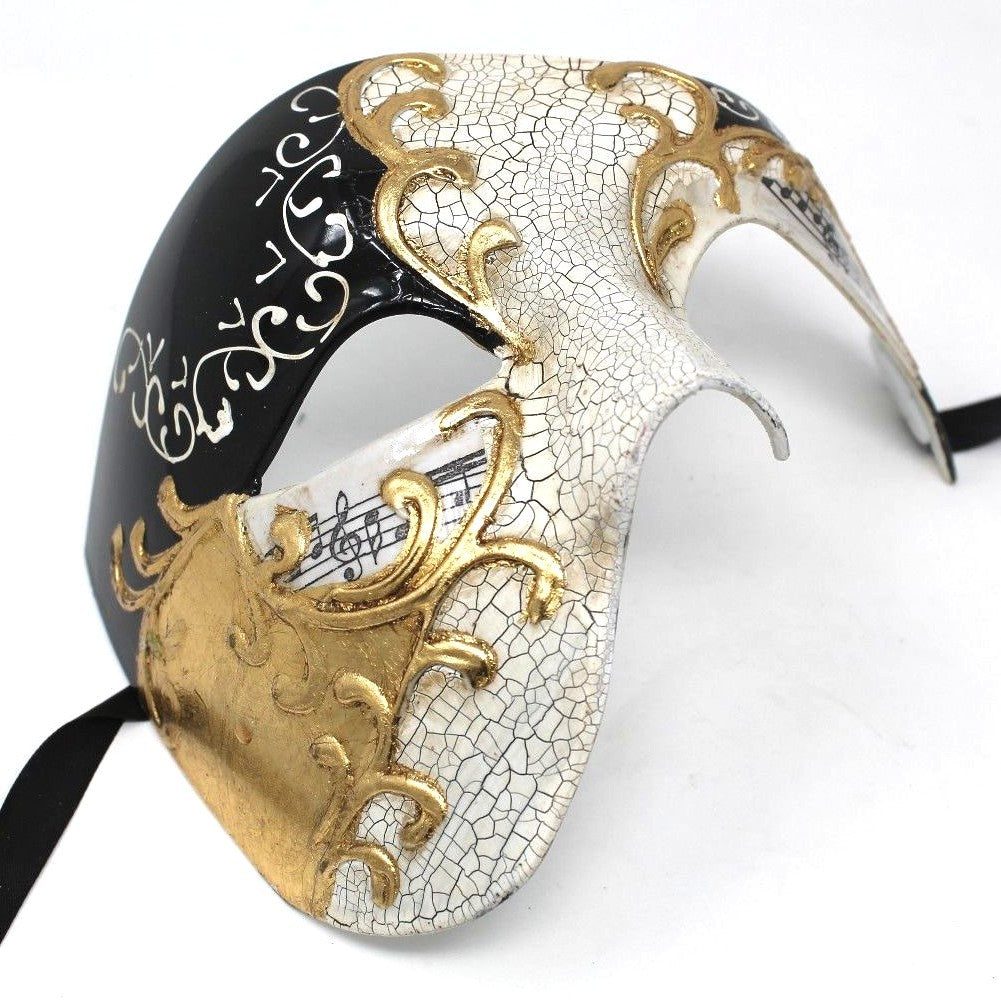 QUALITY BLACK & GOLD HALF FACE PHANTOM MUSICAL NOTES MASQUERADE MASK