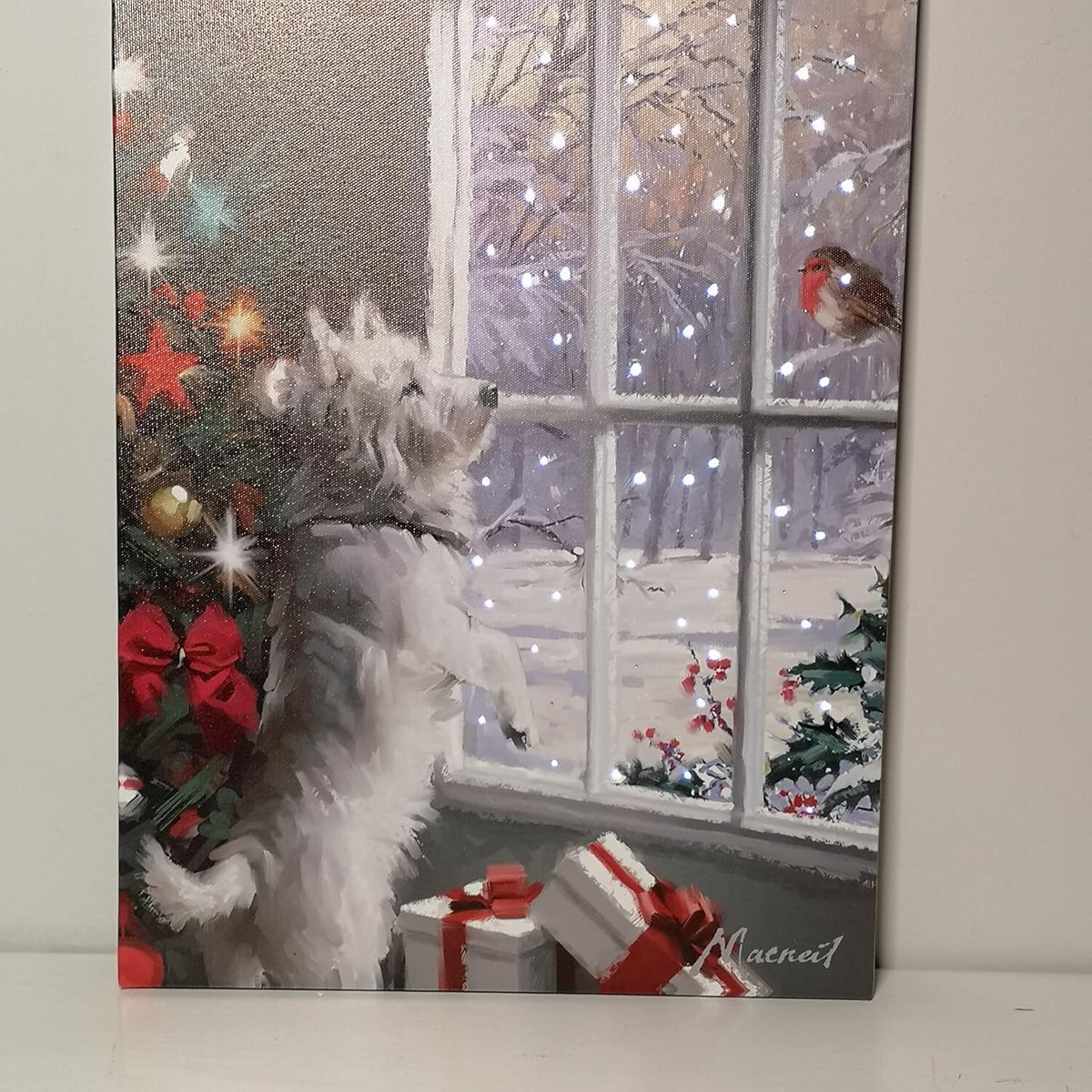 Fibre Optic Light up LED Canvas/Picture Curious Westie Watching a Robin 40x30cm