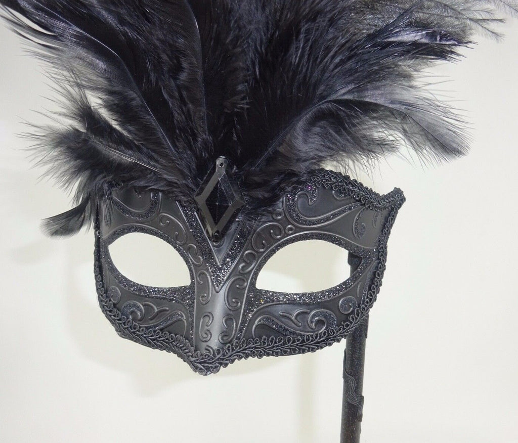 MIDNIGHT BLACK FEATHER HAND HELD MASK & STICK VENETIAN CARNIVAL MASQUERADE PARTY