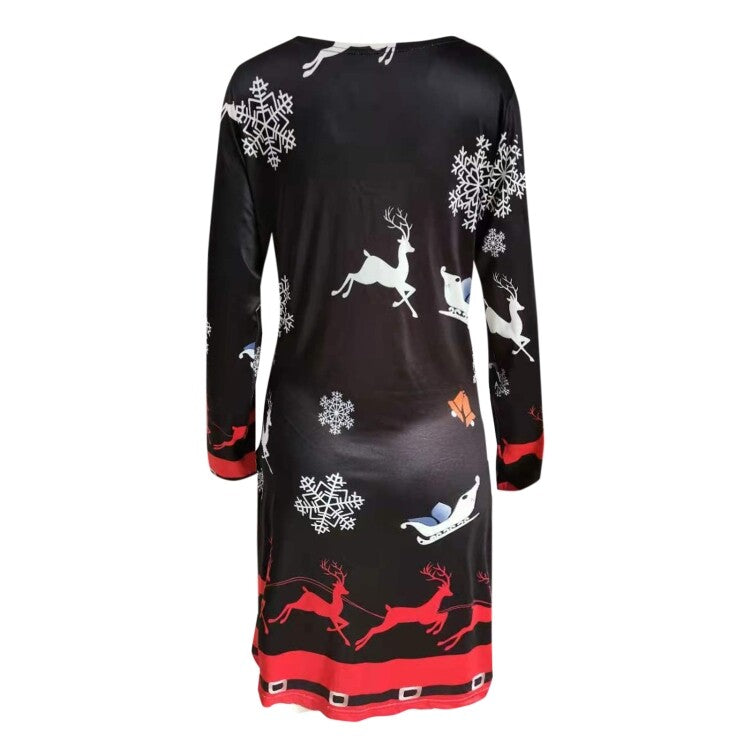 Ladies Christmas Round Neck Long Sleeve Dress Size 14 Reindeer Snowflakes Bells