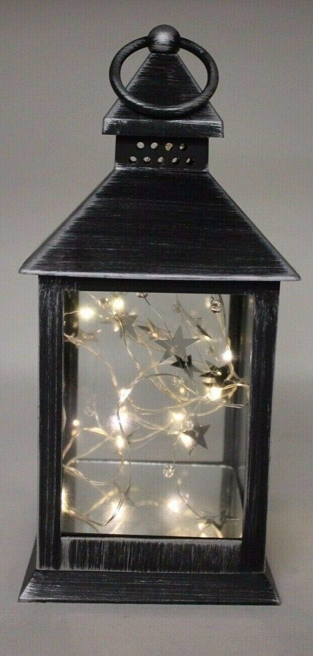 Rustic Black White or Bronze Lantern with Internal LED Light String 27cm Tall