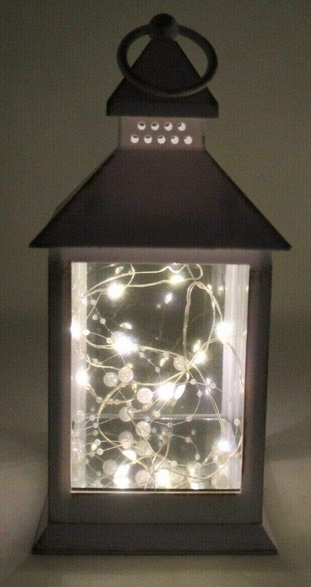 Rustic Black White or Bronze Lantern with Internal LED Light String 27cm Tall