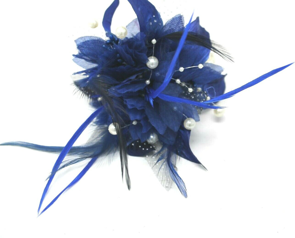 Royal Blue Wrist Corsage Fascinator Fabric & Feather Pearlised Wrist Bracelet