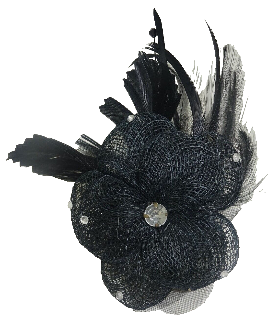 Hair Fascinator Corsage & Brooch Black Feathers with Hessian Flower Clear Jewels