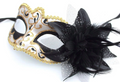 BLACK, PEARLISED IVORY & GOLD VENETIAN MASQUERADE PARTY BALL EYE MASK & FLOWER