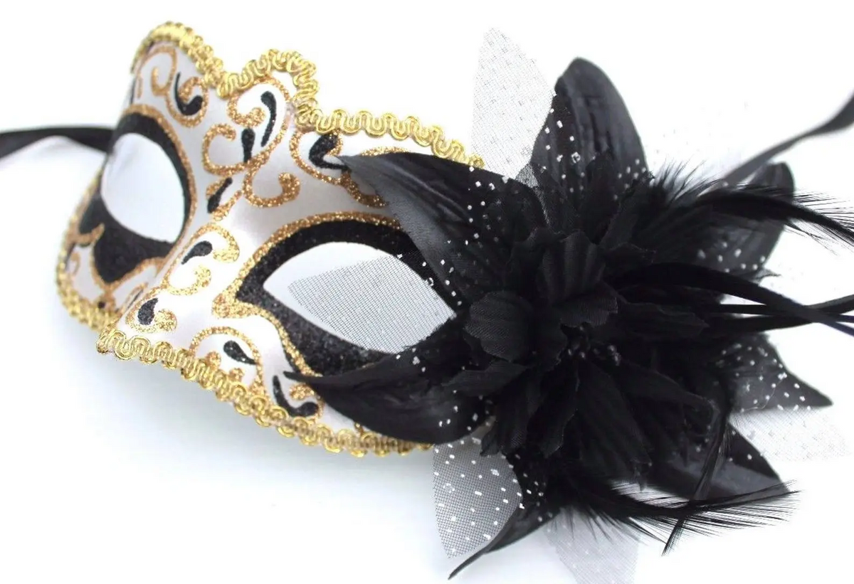 BLACK, PEARLISED IVORY & GOLD VENETIAN MASQUERADE PARTY BALL EYE MASK & FLOWER