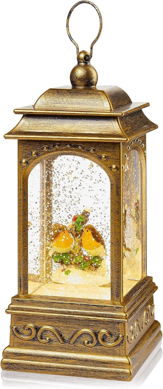 Christmas Festive Winter Robins LED Metal Water Lantern with Glitter Snow 21cm