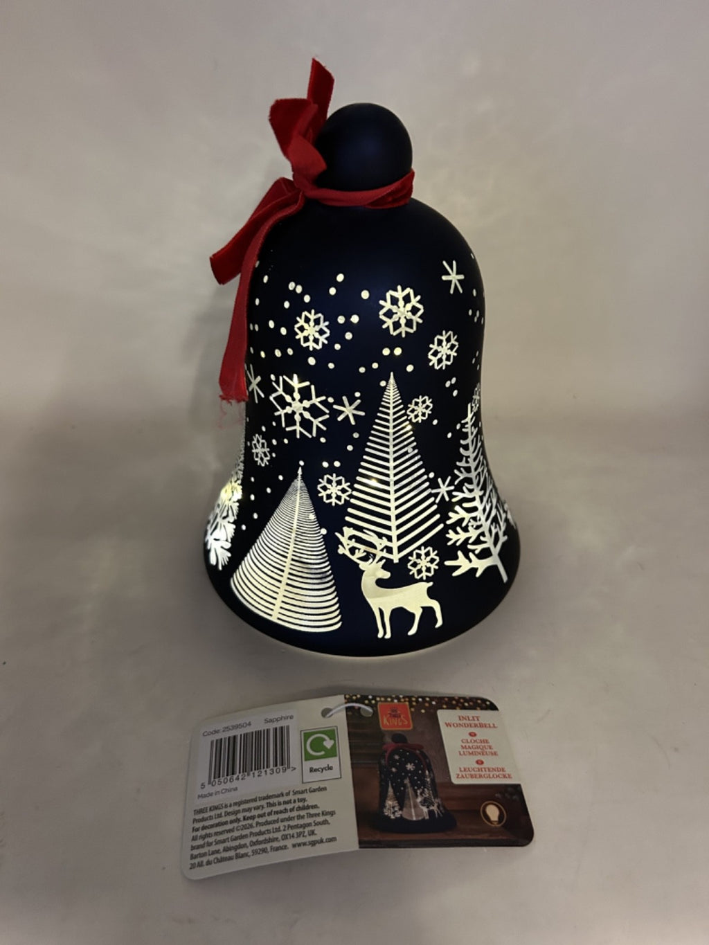 LED Light Up Christmas Winter Forest Snowflake Reindeer Bell Sapphire Blue Glass