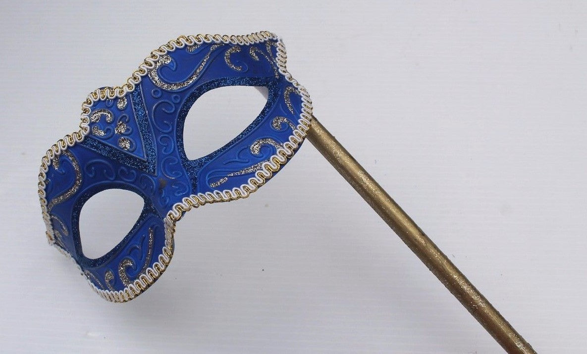 GLITTERING BLUE & GOLD VENETIAN MASQUERADE PARTY  MASK ON A  HAND STICK