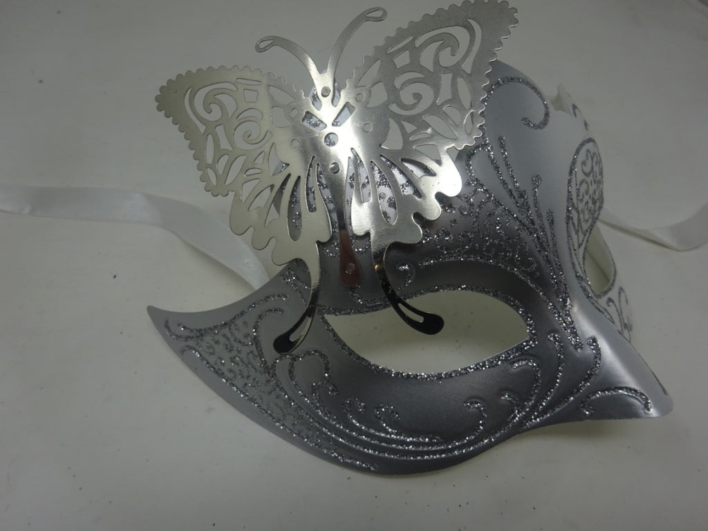 SILVER & WHITE VENETIAN MASQUERADE CARNIVAL PARTY BALL PROM EYE MASK & BUTTERFLY