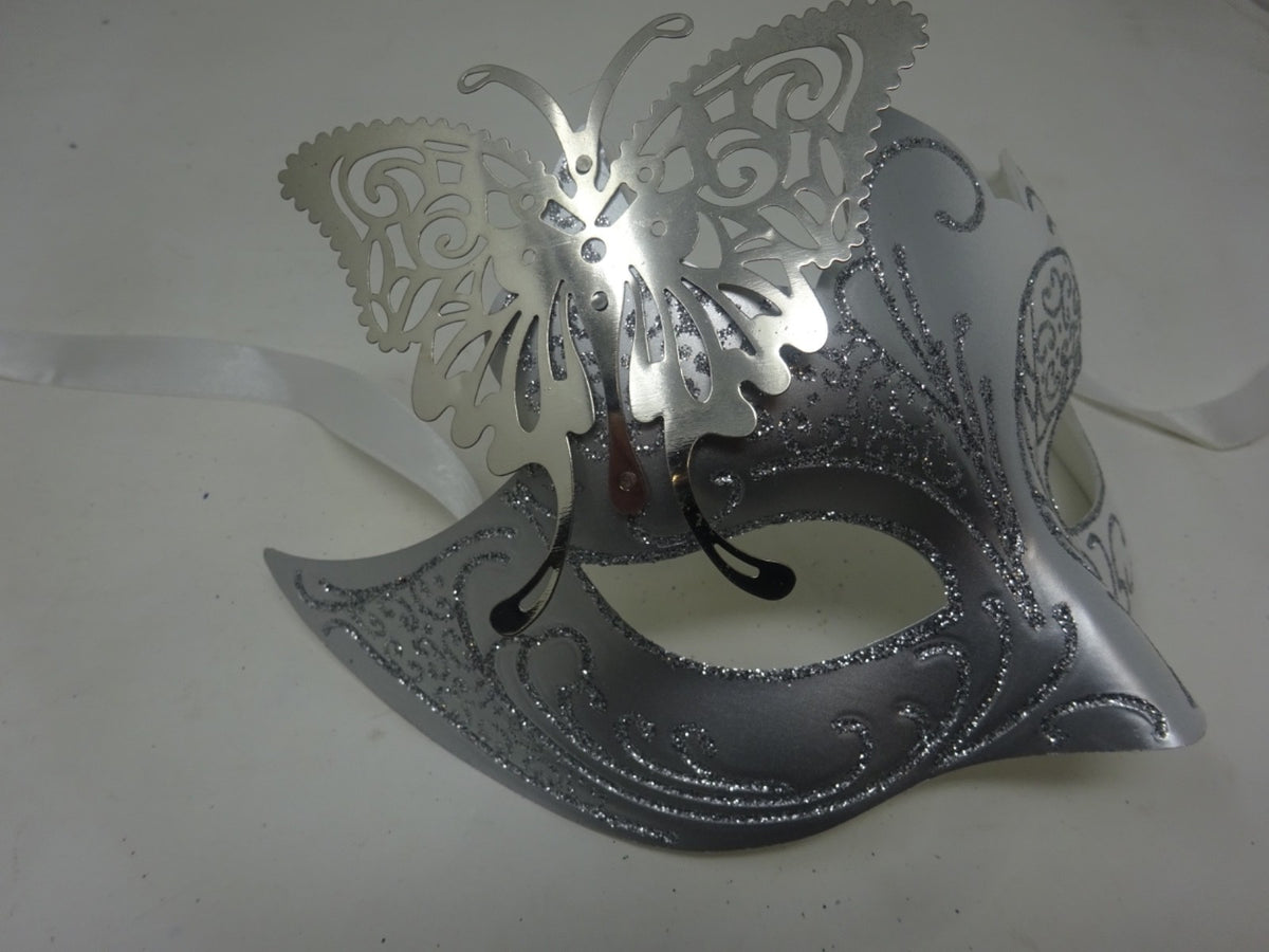 SILVER & WHITE VENETIAN MASQUERADE CARNIVAL PARTY BALL PROM EYE MASK & BUTTERFLY